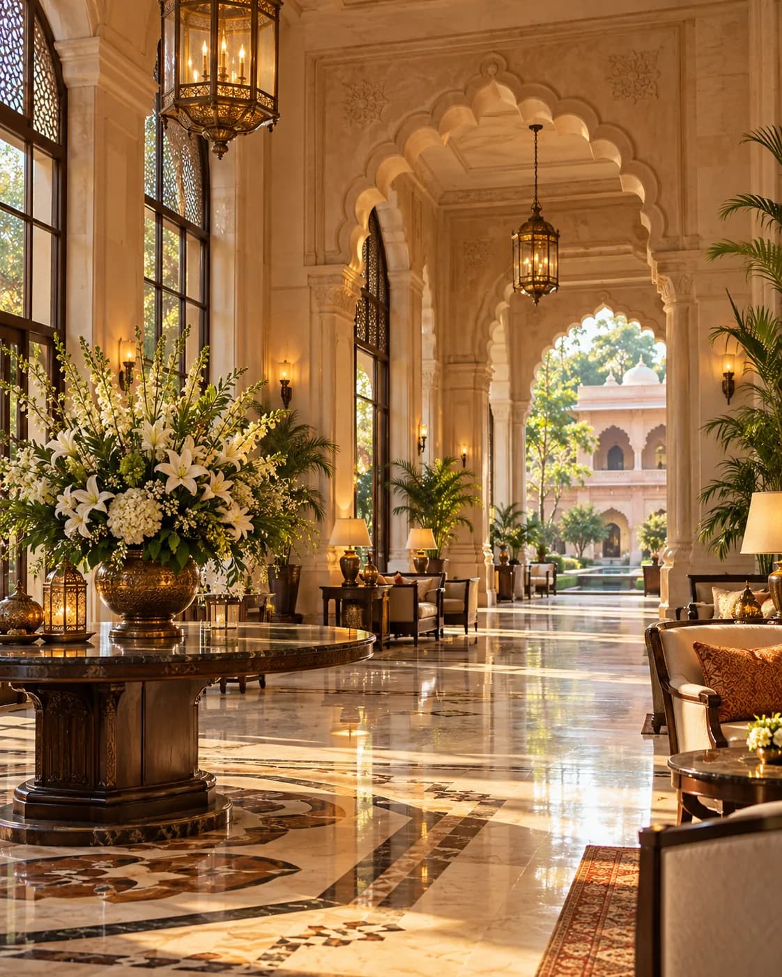 The arched lobby of an Indian heritage hotel filled with warm daylight