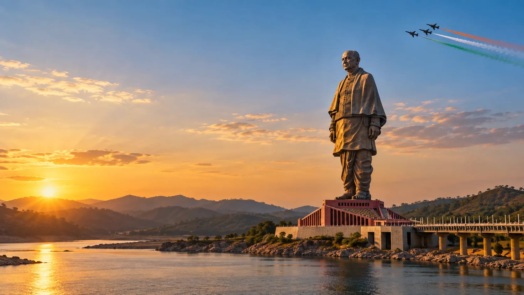 The Statue of Unity rising above the Narmada river at golden hour, with three jets trailing saffron, white and green high in the sky