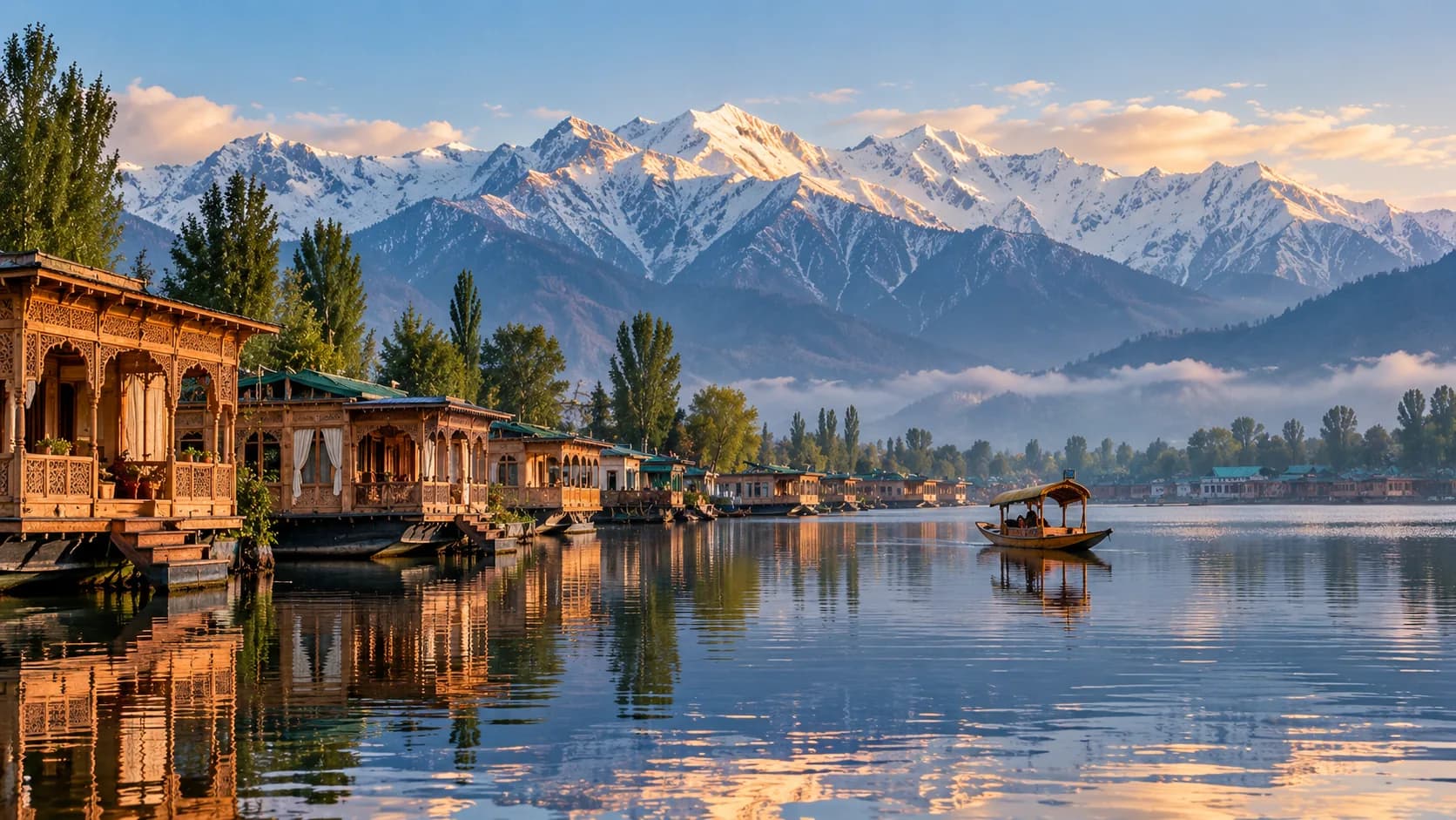 Wooden houseboats on Dal Lake below snow-covered mountains