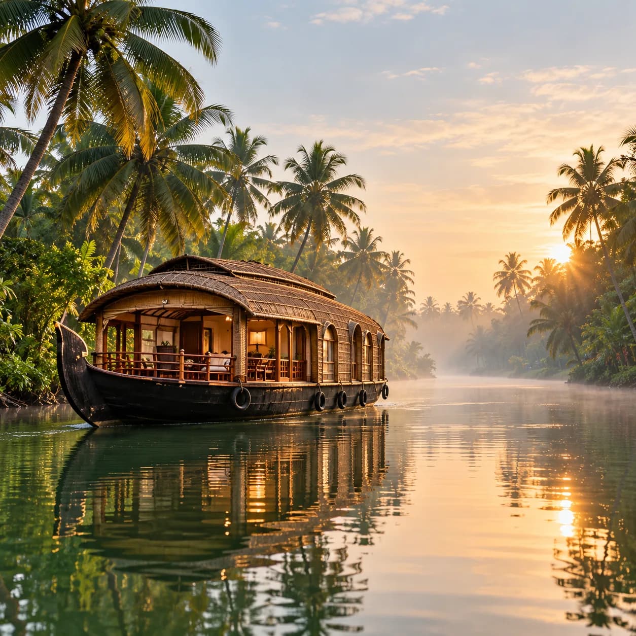 A houseboat on the palm-lined Kerala backwaters at first light