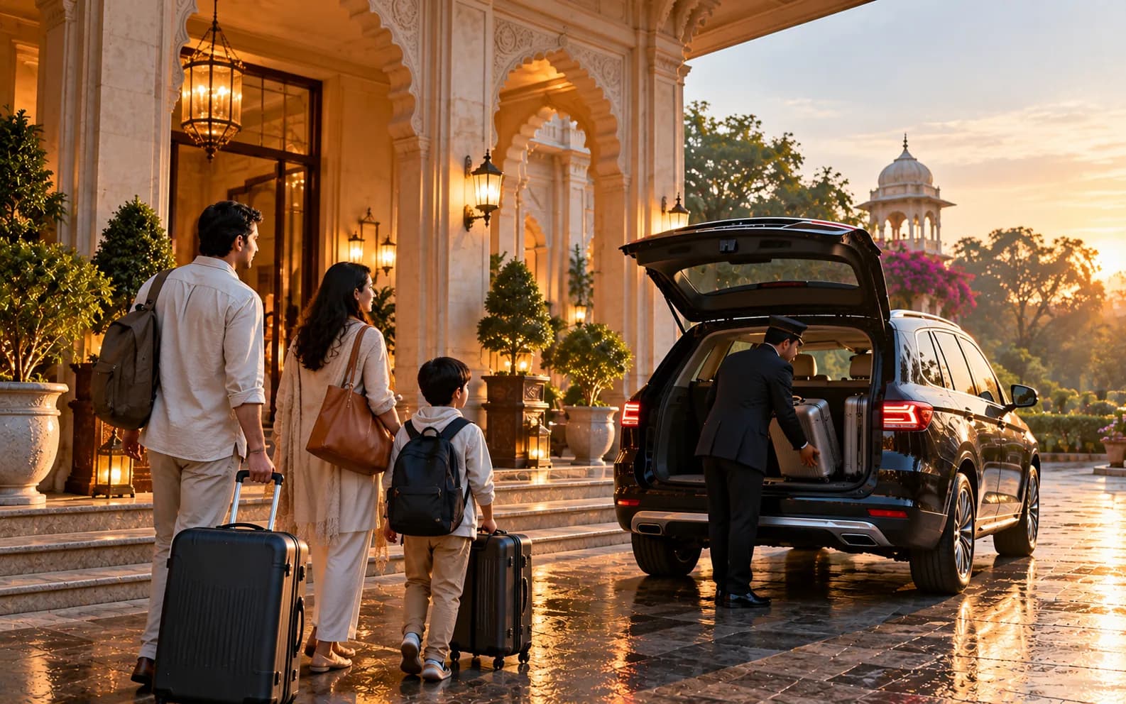 A chauffeur loading the family's cases into a waiting car outside a heritage hotel at first light