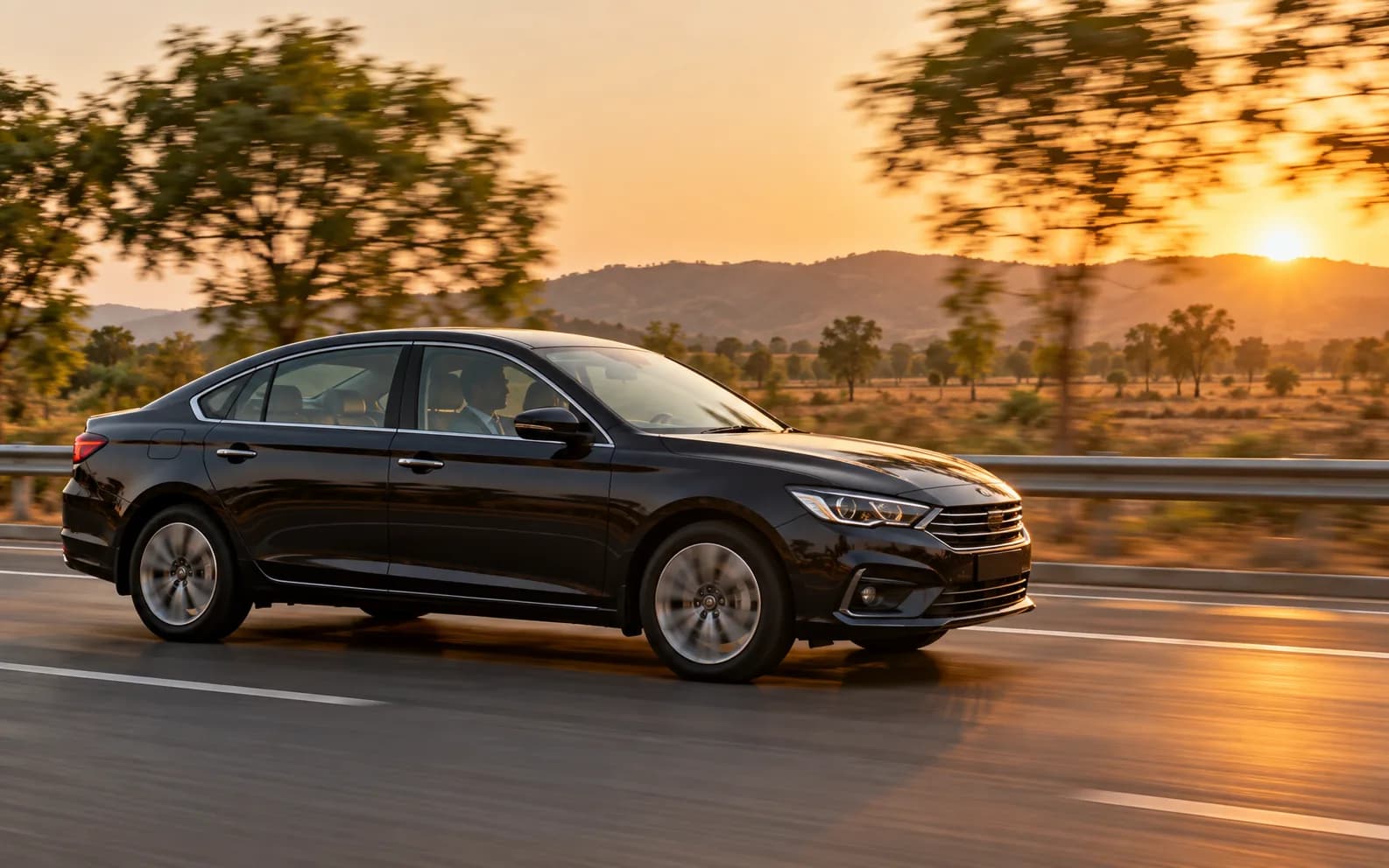 A chauffeur-driven sedan on an open Indian highway at golden hour