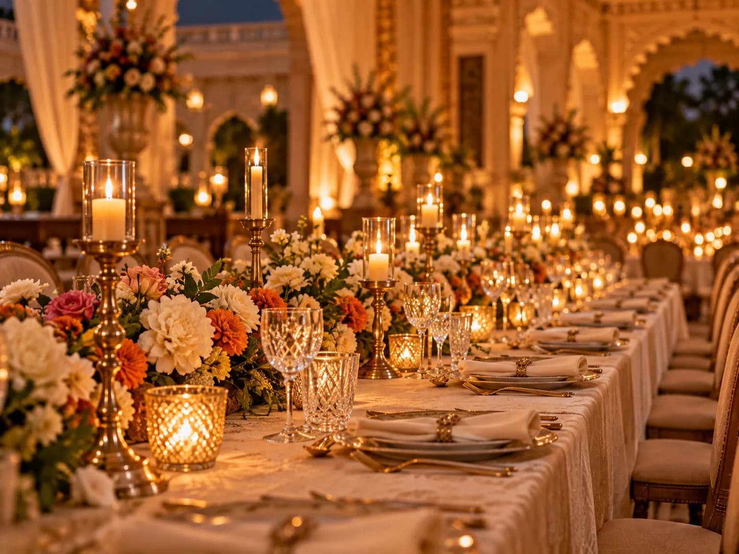 A long banquet table dressed with flowers and candlelight