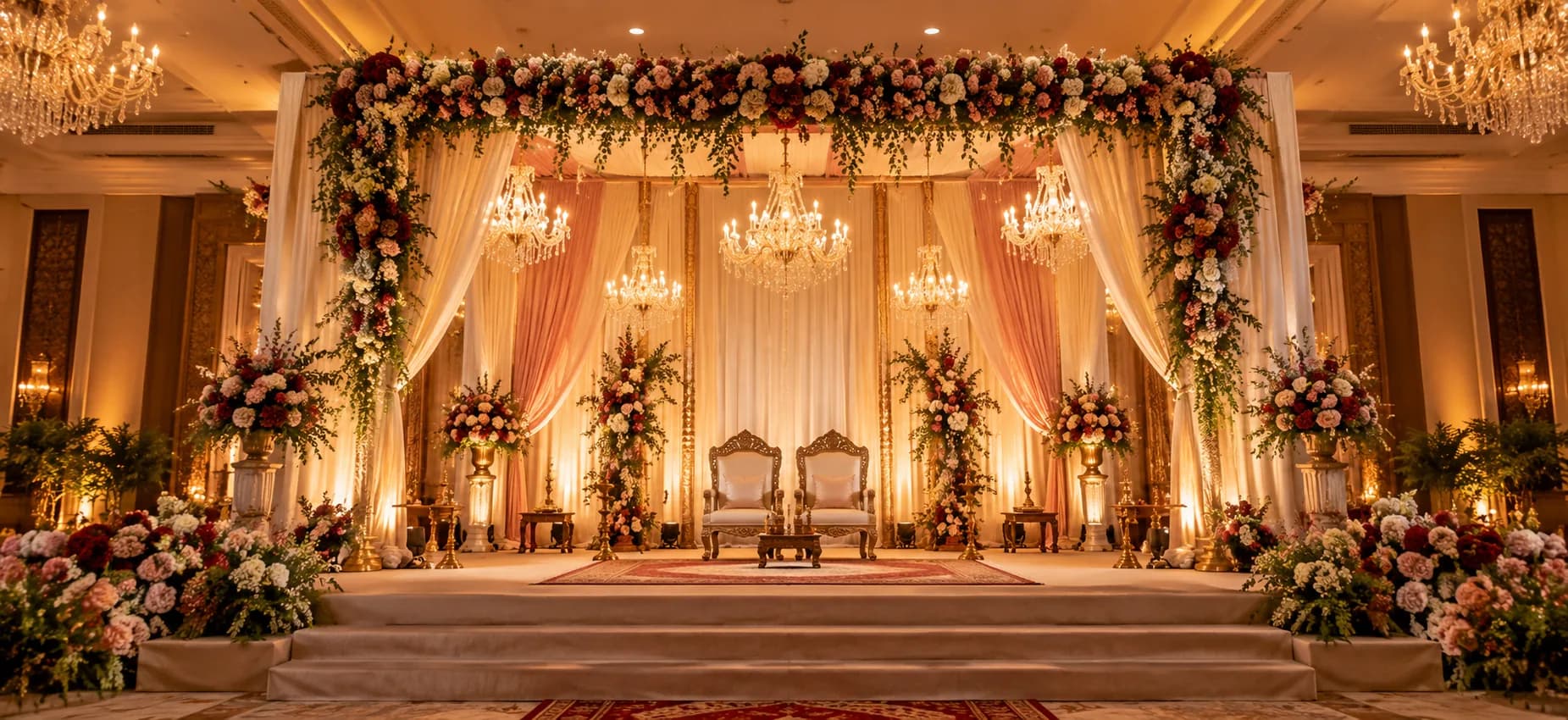 A decorated wedding stage lit by chandeliers